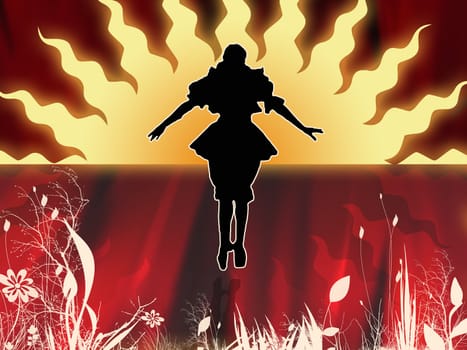 Silhouette of a dancing person in colorful environment. Illustration.