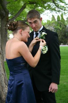 Beautiful young woman concentrates intently as she pins boutonnierre onto label of handsome young man's tuxedo