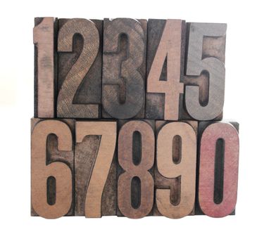old, ink-stained wood type numbers isolated on white