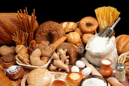 Assorted breads and ingredients, background