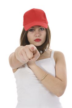emotional girl in red cap on insulated background