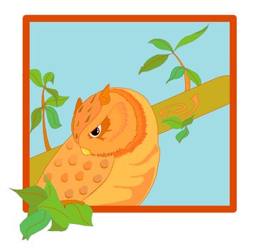 Illustration of a brown owl in a tree, a branch of leaves exits the frame.