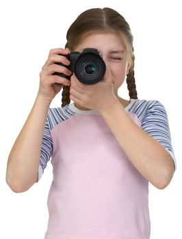 Little girl with camera isolated on white background