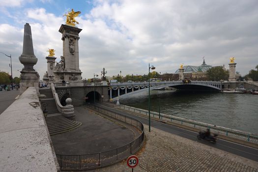 View on Alexander III bridge across river Seine in Paris