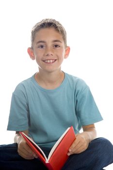 a boy with a book on white