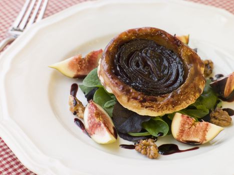 Red Onion Tarte Tatin with Walnuts Figs and Red Wine Syrup