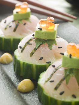 Sashimi Of Sea bass with Avocado and Salmon Roe