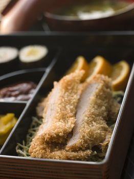 Tonkatsu Box and Miso Soup with Pickles and Sushi