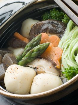 Fish Ball Stew Pot with Vegetables and Spinach Noodles