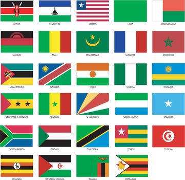 29 African Flags 2 Vector Illustration of the Flags of different countries of the world. They are organized by location then in alphabetical in order. Dozens of flags in each file and hundreds all together.
