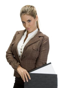 attractive woman standing with file against white background