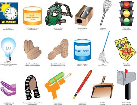 Vector Illustration of Inventions and Inventors for black history month. Also available without names.