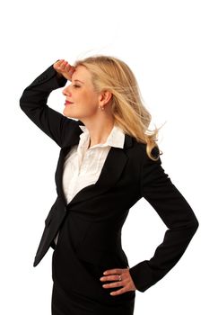 business woman shielding her eyes