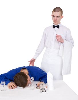 Waiter and drunk guest of restaurant