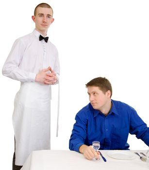 Waiter and guest of restaurant