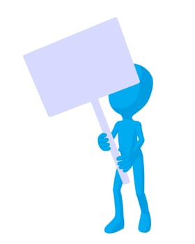 Cute blue silhouette guy holding a blank sign on a white background
