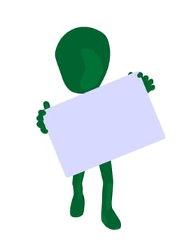 Cute green silhouette guy holding a blank business card on a white background
