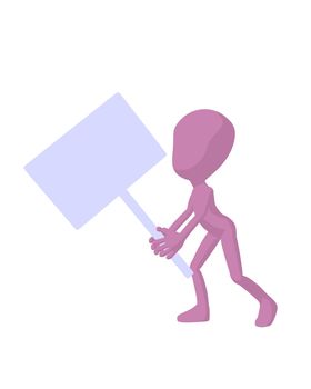 Cute pink silhouette guy holding a blank sign on a white background
