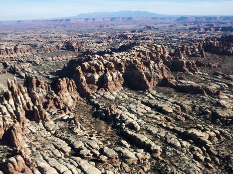 Aerial view of rock formations in Utah Canyonlands.