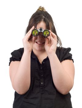 A young girl watching a deer through a set of binoculars, isolated against a white background
