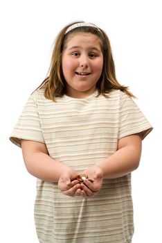 A young girl with a handful of money, isolated against a white background