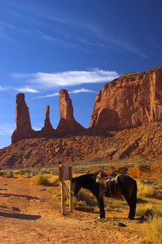 Horse grazing in the semi-desert of the Monument Valley with red rock formations on the background