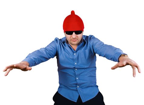 crazy man in red cap