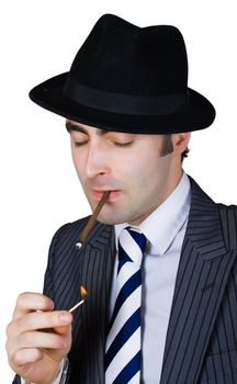  retro businessman light a cigarette