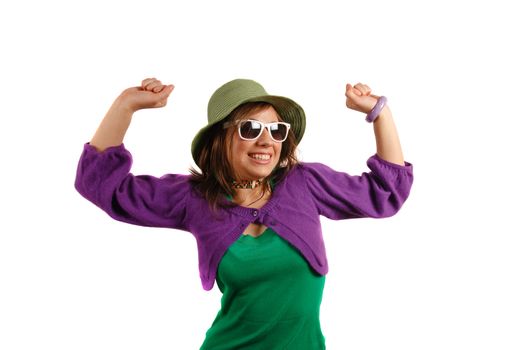 Stylish attractive young girl possing with sun glasses and hat