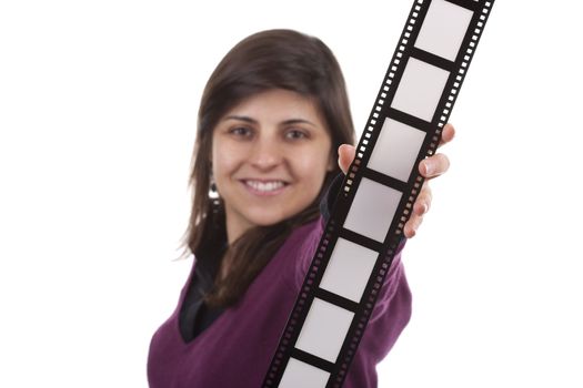 young woman holding film photo frame isolated on white background - you can insert your own text or photos in the frames