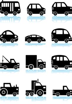 Set of 12 different styles of vehicles - black and white.