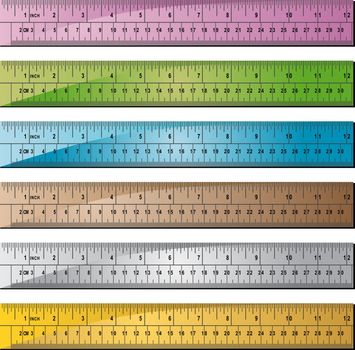 Set of 6 metal/wooden rulers with hole punch at end.  Rulers measured in inches with centimeter dashes.