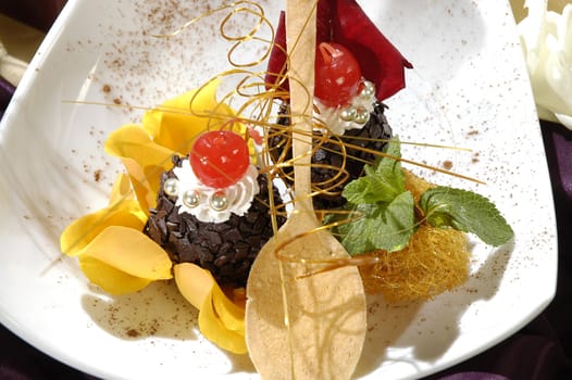 chocolate dessert, decorated saccharine fruit