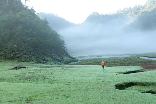 a womnan walk on the mist grassland