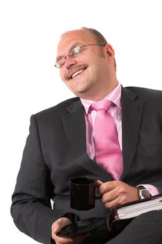 Businessman pretending to find something funny to be polite, but clearly faking it