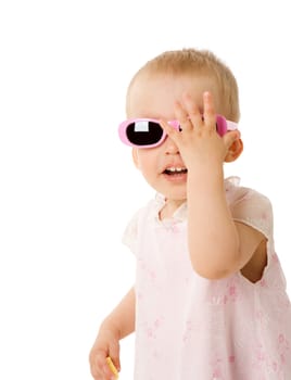 Little Girl wearing sunglasses isolated on white