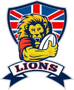 Lion playing rugby with ball Union Jack shield