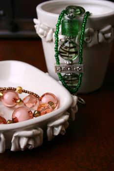 Beaded Jewelery set in ceramic pot and dish set