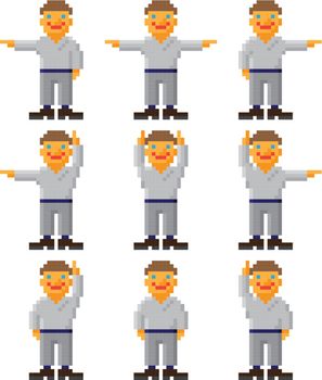 Vector pixel art - a set of gesticulating little people on white