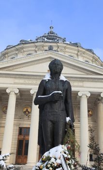 George Enescu statue during winter
