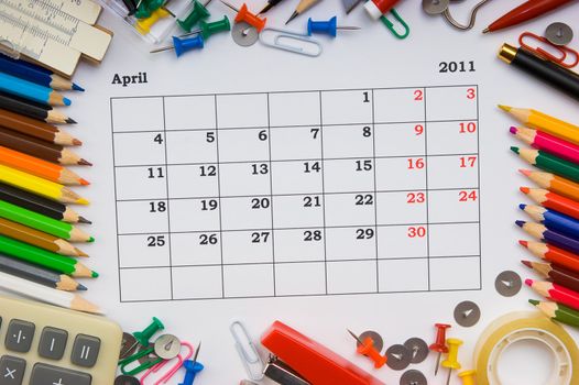 monthly calendar with office and stationery for 2011