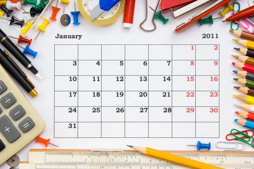 monthly calendar with office and stationery for 2011