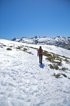 woman hiking at gredos mountains in avila spain