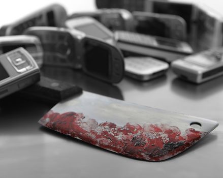 Assorted mobile phones with bloody knife weapon