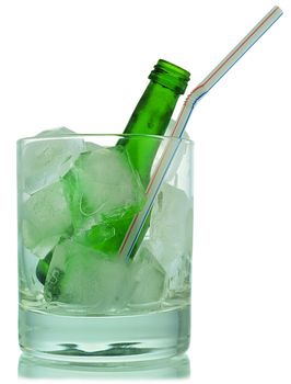 Cocktail: glass with ice and green bottle