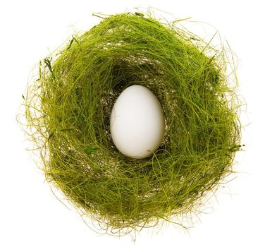 White egg in a small nest from a green grass on a white background 
