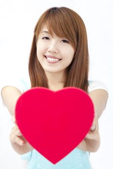 pretty asian girl  giving red heart gift box
