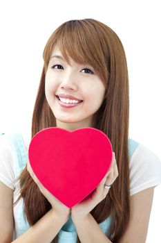 lovely young woman  holding red heart gift box