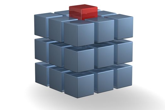 a blue cube with a middle red cube as part of the whole