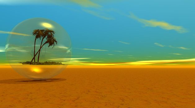 Palm tree in a bubble in the desert